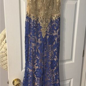 Elegant Blue and Gold Lace Gown